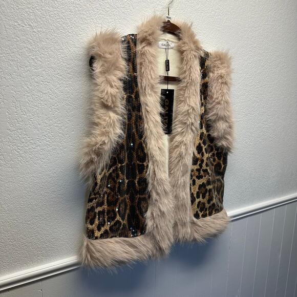 NWT, Women’s One-Size Leopard Sequin Faux Fur Trim Vest, K643 - Picture 5 of 14